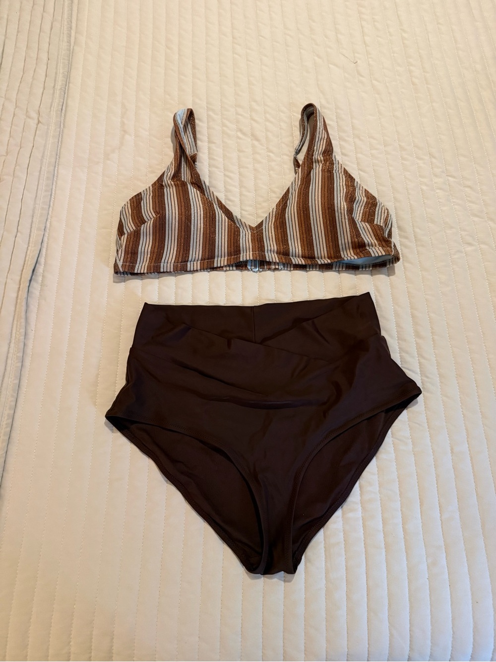 aerie Brown Striped V-Neck Bralette with Solid Dark Brown High-Waist Brief